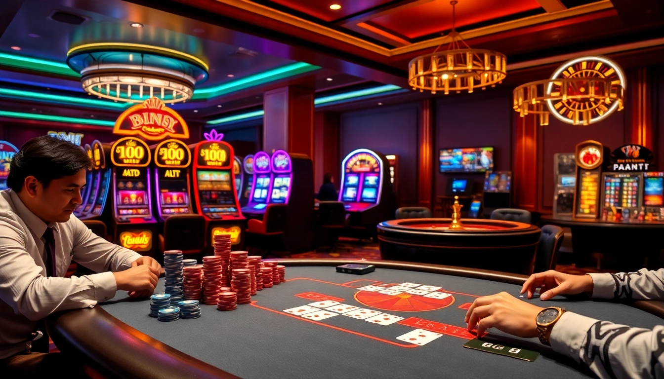 Cổng game B52 depicted in an exciting casino scene with poker games and vibrant slot machines.