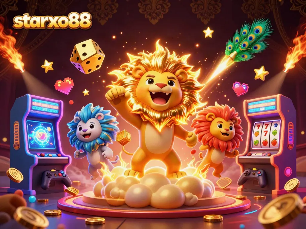 Experience thrilling gameplay at starxo88 with vibrant slots, casino elements, and a roaring lion mascot.