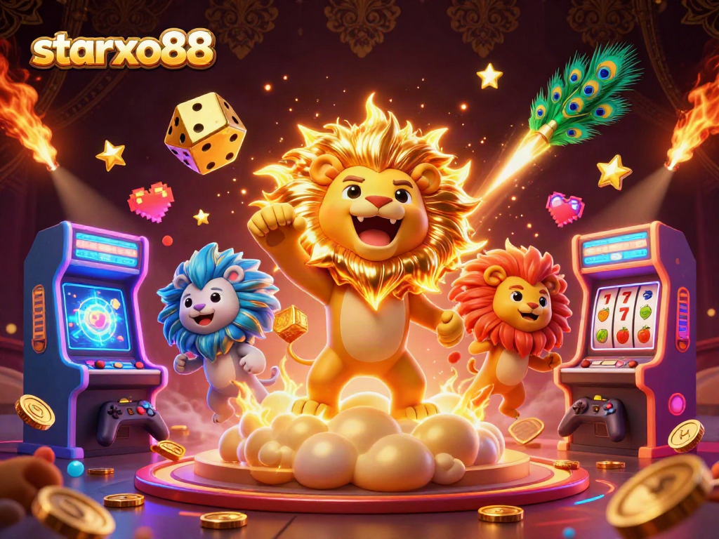 Experience thrilling gameplay at starxo88 with vibrant slots, casino elements, and a roaring lion mascot.