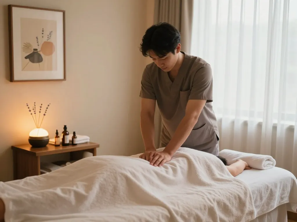 치료사와 편안한 분위기의 포항스웨디시 마사지 장면.