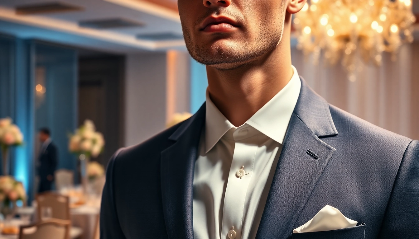 Stylish designer menswear featured on a groom in an elegant wedding setting with floral decor.