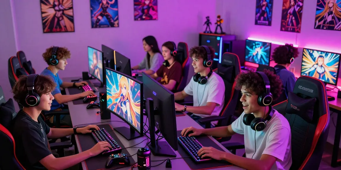 Group of gamers playing exciting hentai games in a vibrant setup