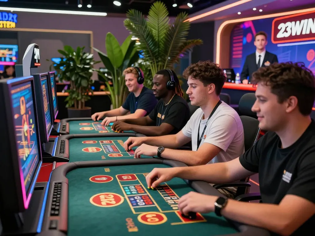 Players enjoying immersive live casino games at 23win, engaging with dealers and showcasing vibrant atmosphere.