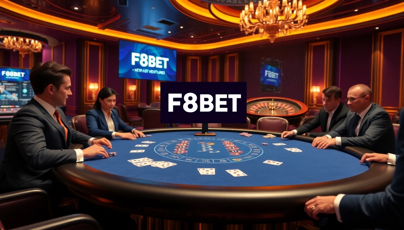 Experience excitement at the F8BET casino with a thrilling poker game scene.