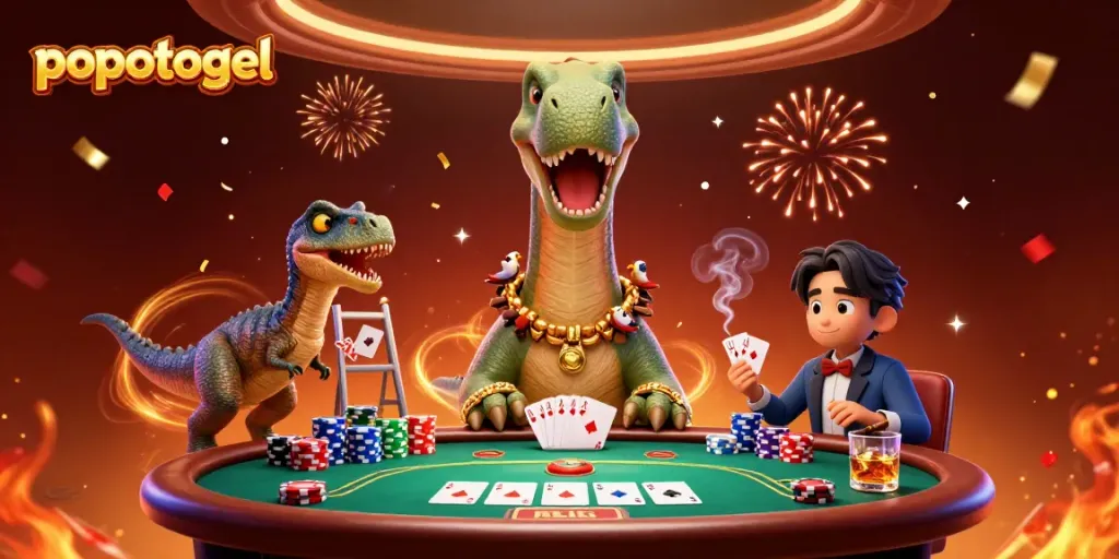 Gambarkan aksi menarik popotogel saat menyusun kartu poker di meja dengan dinosaurus dan raptor.