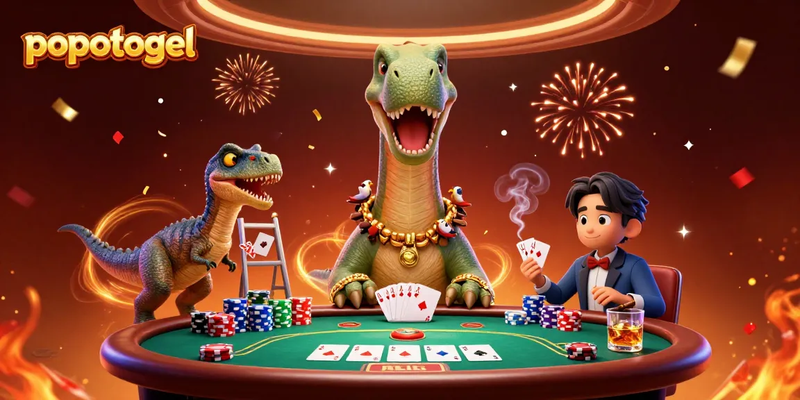 Gambarkan aksi menarik popotogel saat menyusun kartu poker di meja dengan dinosaurus dan raptor.