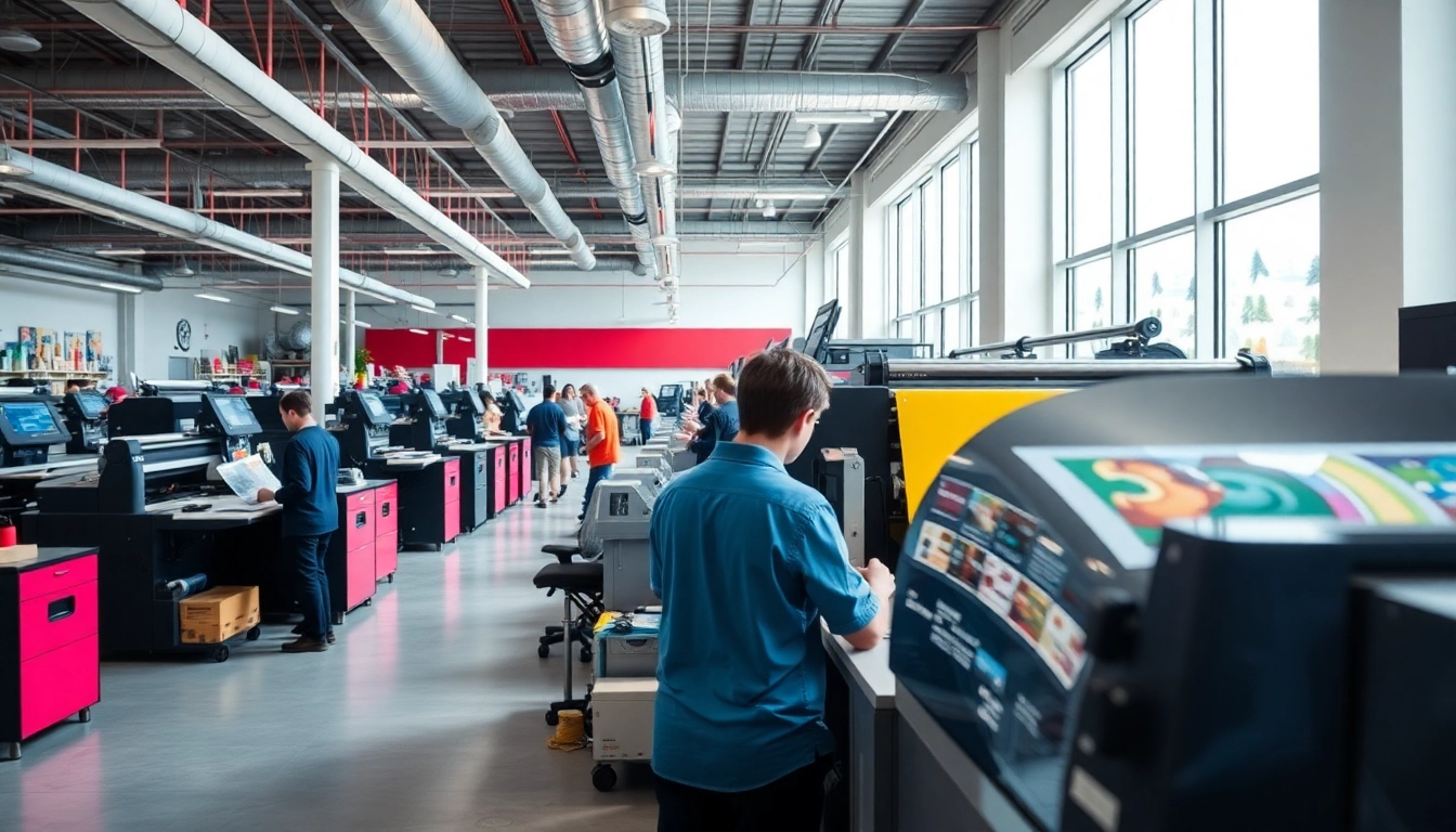 A vibrant custom print shop Edmonton filled with creative energy and modern printing technology.