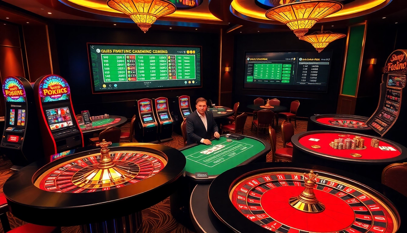 Scène captivante d'une interface de casino en ligne de luxe mettant en avant des tables de poker et de roulette, soulignant l'excitation.