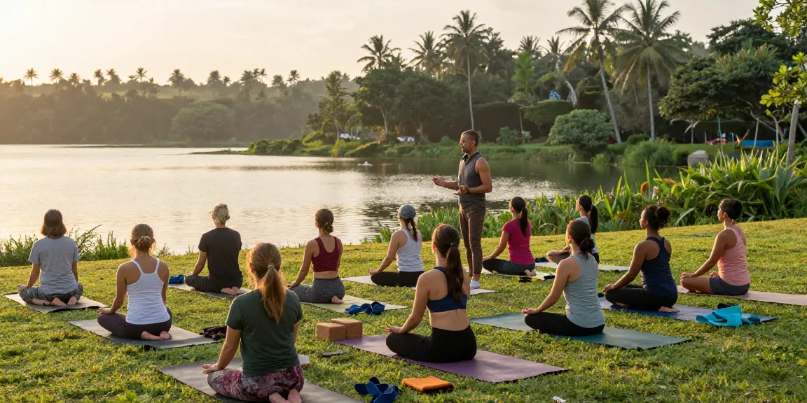 Yoga teacher training Sri Lanka 2026 at a lakeside setting with students practicing under the guidance of Stefan Camilleri.