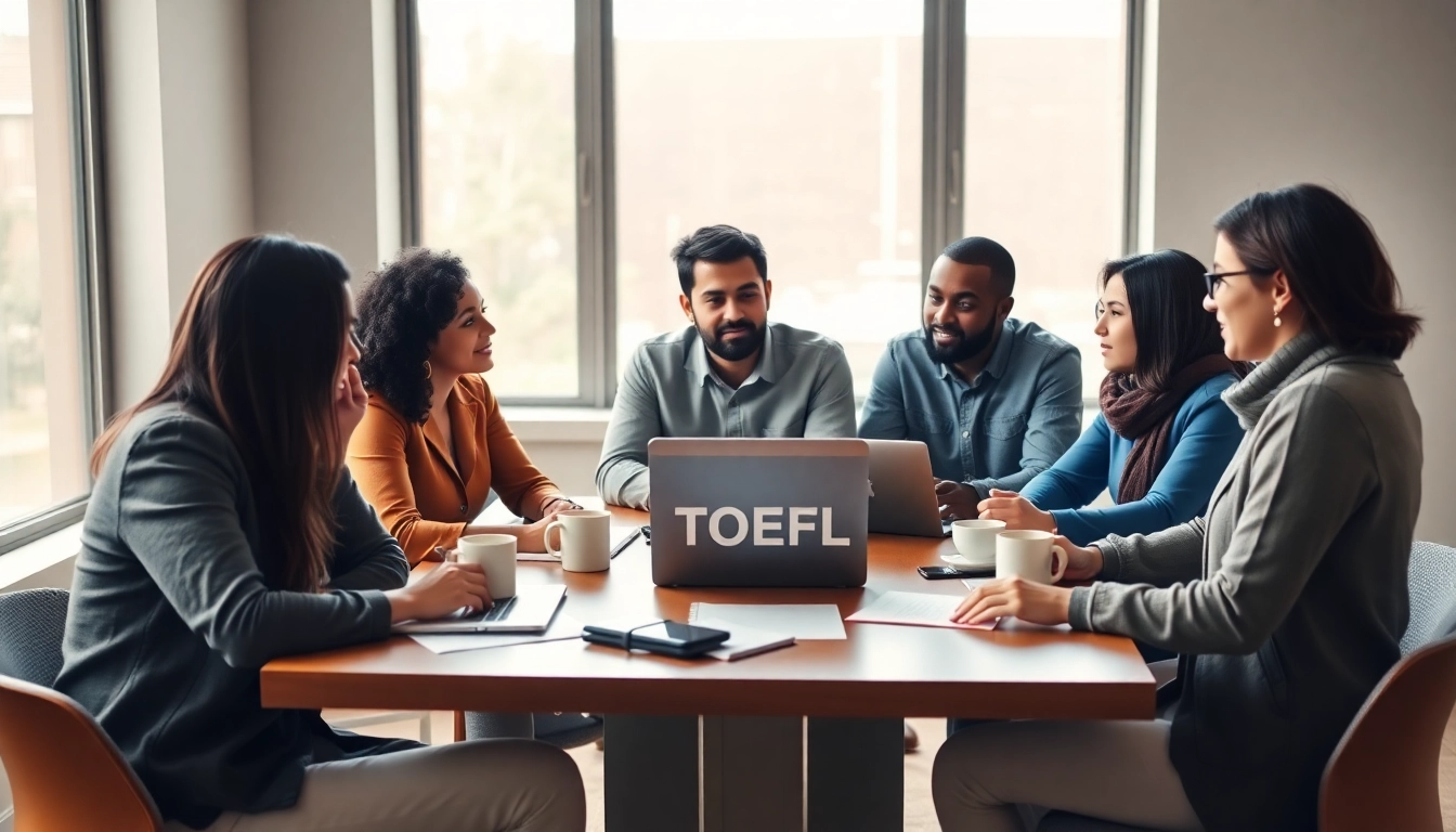 Engaged group discussing strategies with toefl test takers for hire in a professional setting.