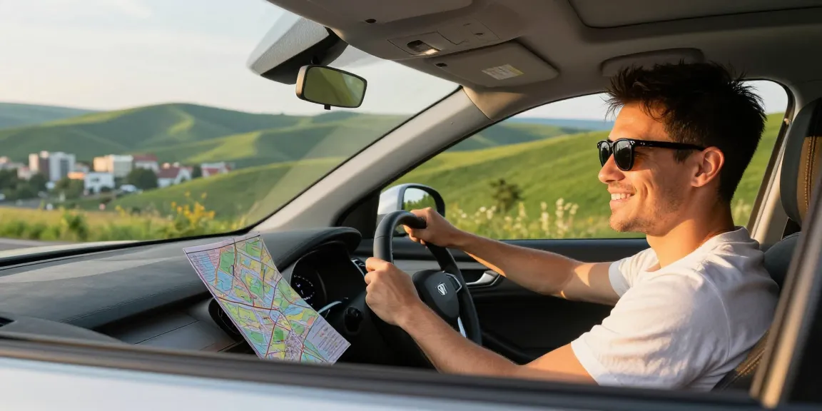 Chirie auto Chisinau with a joyful traveler in a stylish rental car exploring scenic Moldova roads.