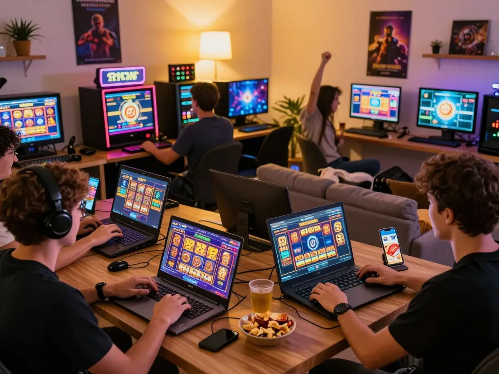 Engaged players at vegasslot77.com enjoying an exciting online gaming experience in a cozy setting.