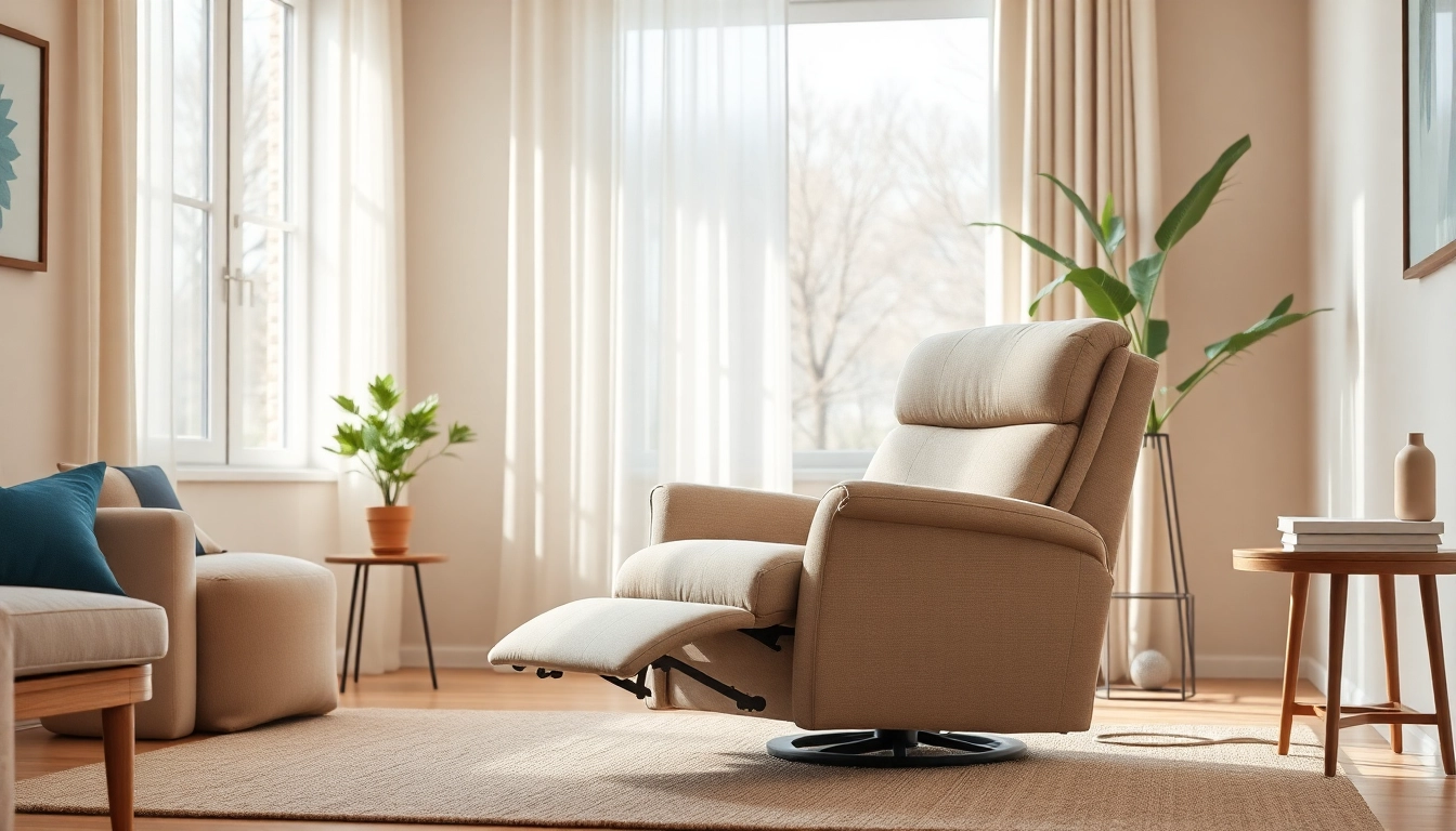 Comfortable lay flat lift chair in a warm living room setting with natural light.