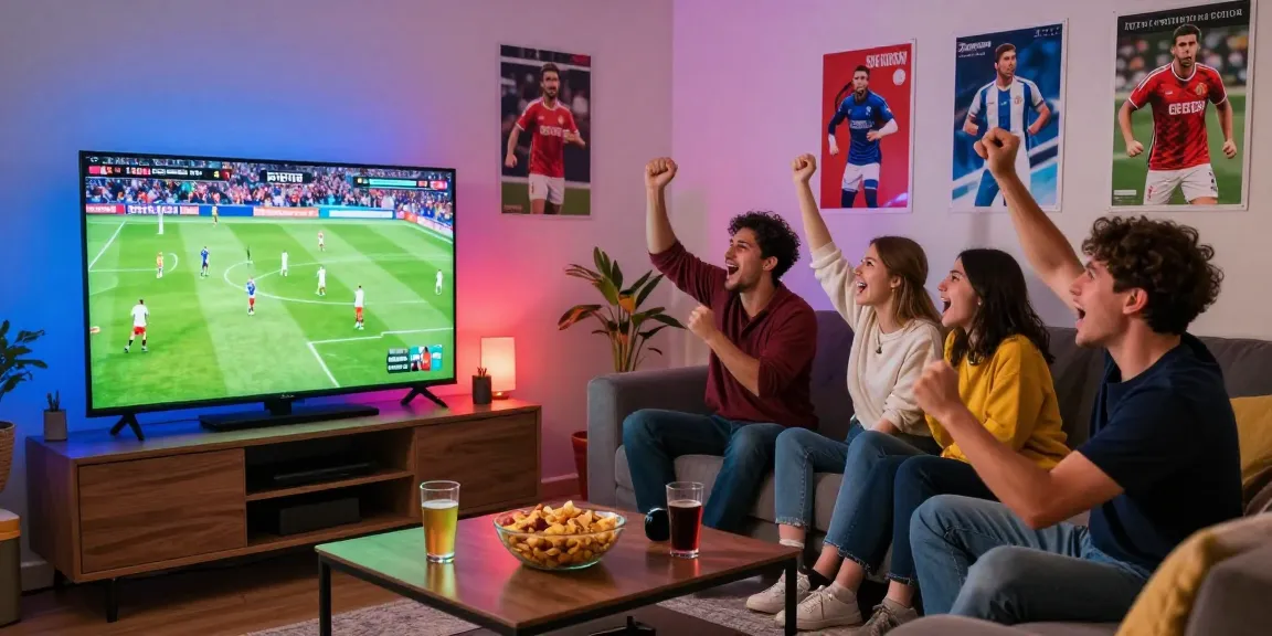 Menikmati live streaming bola gratis dengan teman di ruang tamu nyaman, TV besar, makanan ringan, dan kebahagiaan di udara.