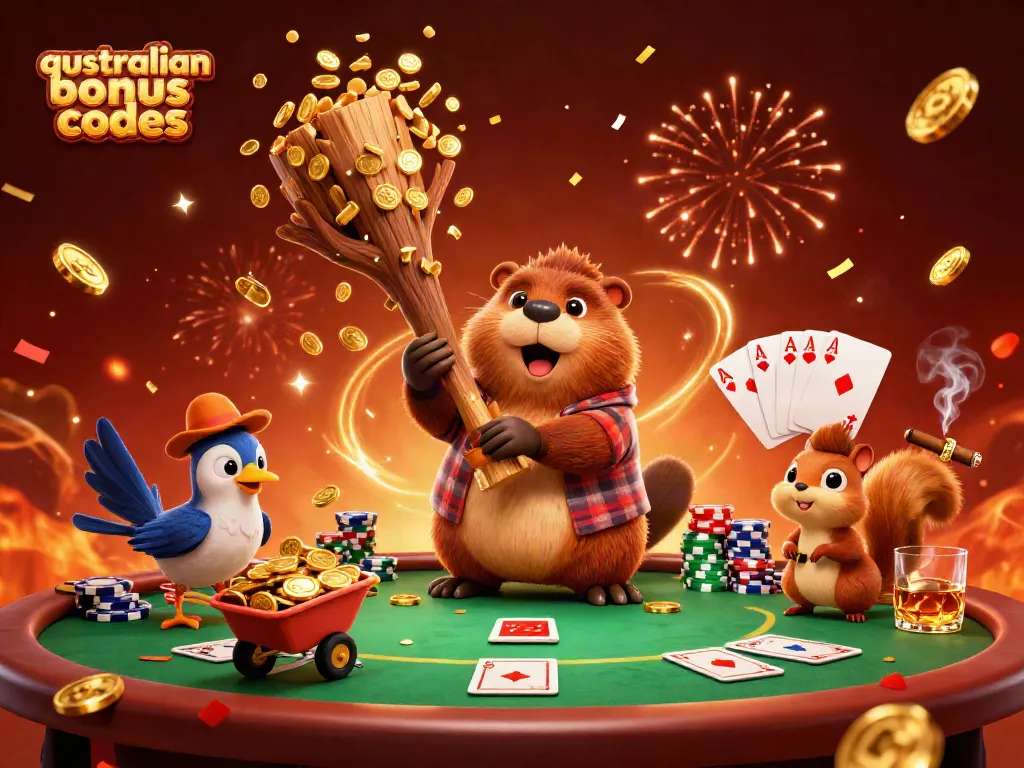 Experience thrilling australian casino bonus codes with vibrant 3D illustration of a beaver winning coins!
