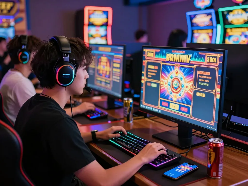 Player enjoying an online slot game featuring ligasedayu with vibrant graphics and gaming accessories.