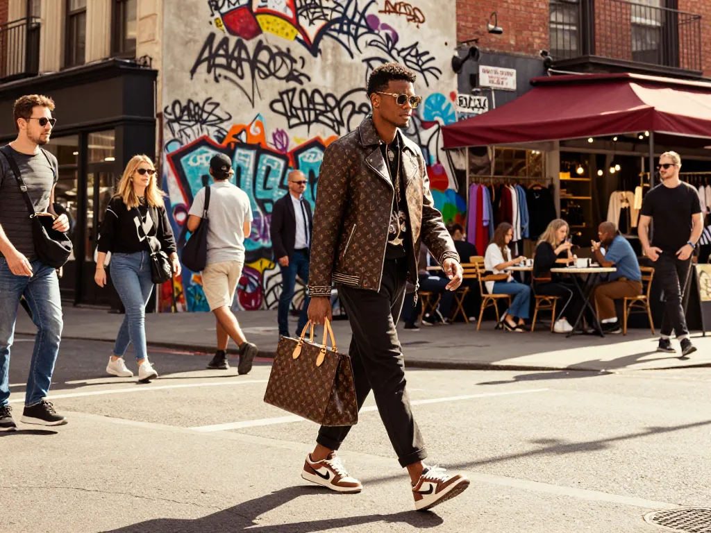 Fashion-forward individual showcasing a chic 레플리카 outfit in a vibrant urban setting.