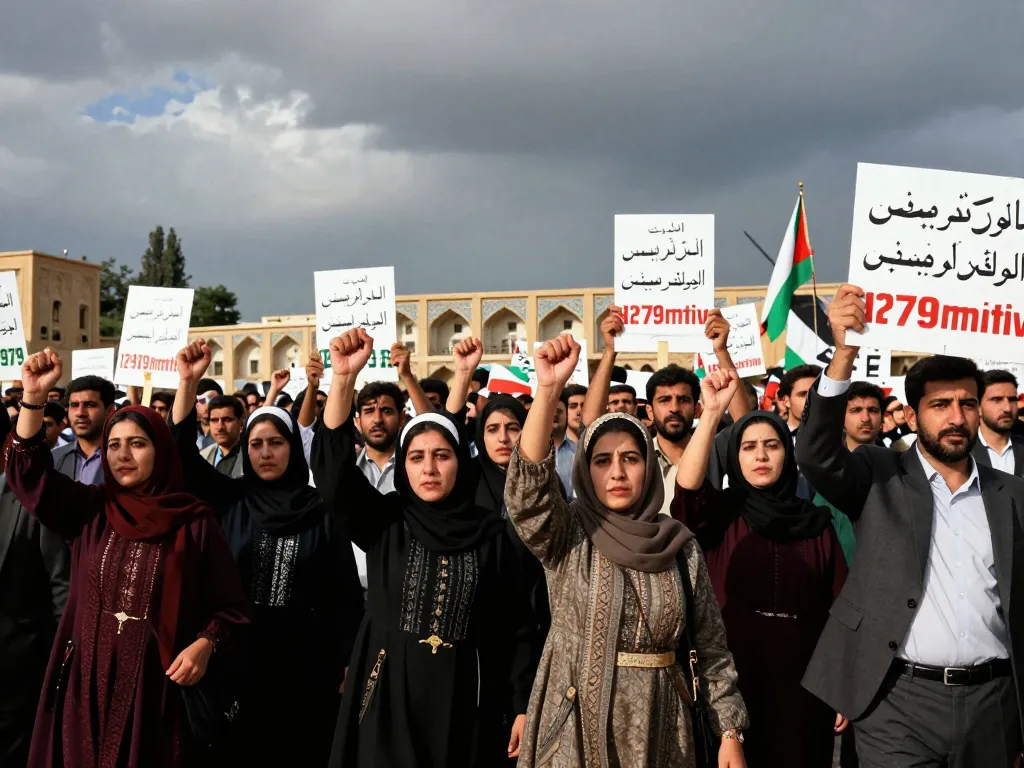 The Iranian revolution depicted in a historic protest scene with diverse individuals holding signs and symbols of unity.