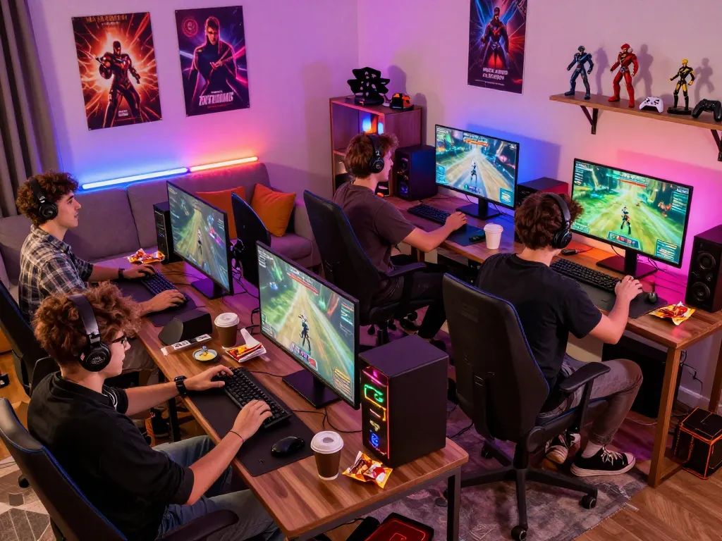 Engaged gamers enjoying mantra88 gaming experience with vibrant lights and snacks.