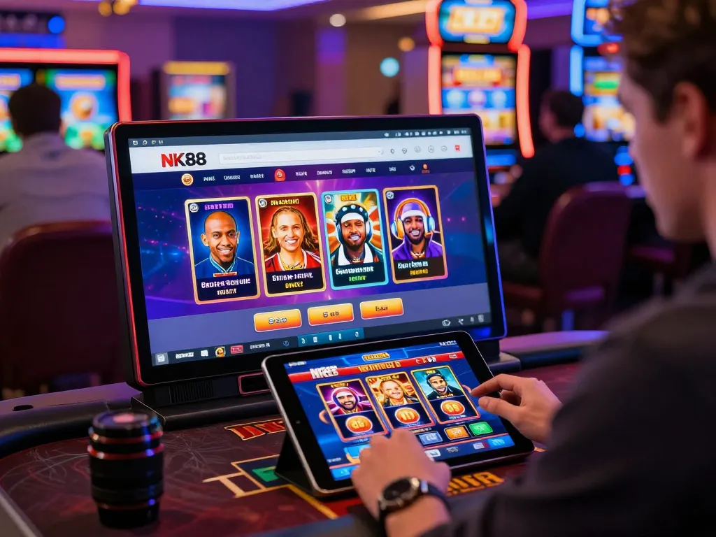 Player engaging with nk88 online gambling platform, showcasing diverse games and vibrant graphics.