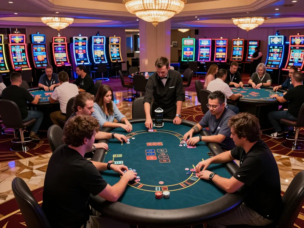 Players strategizing at i9bet poker tables in a vibrant casino atmosphere