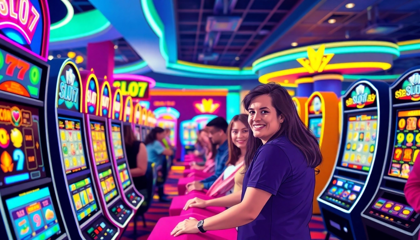 Slot77 mesin permainan menampilkan pemain yang berinteraksi dengan penuh semangat di kasino.