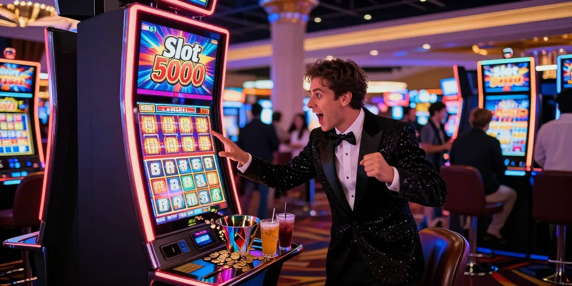 Excited player at a Slot 5000 machine in Las Vegas, vibrant casino atmosphere.