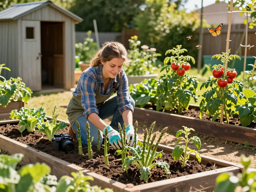 Gardener nurturing asparagus plants in a vibrant must-have asparagus moestuin.