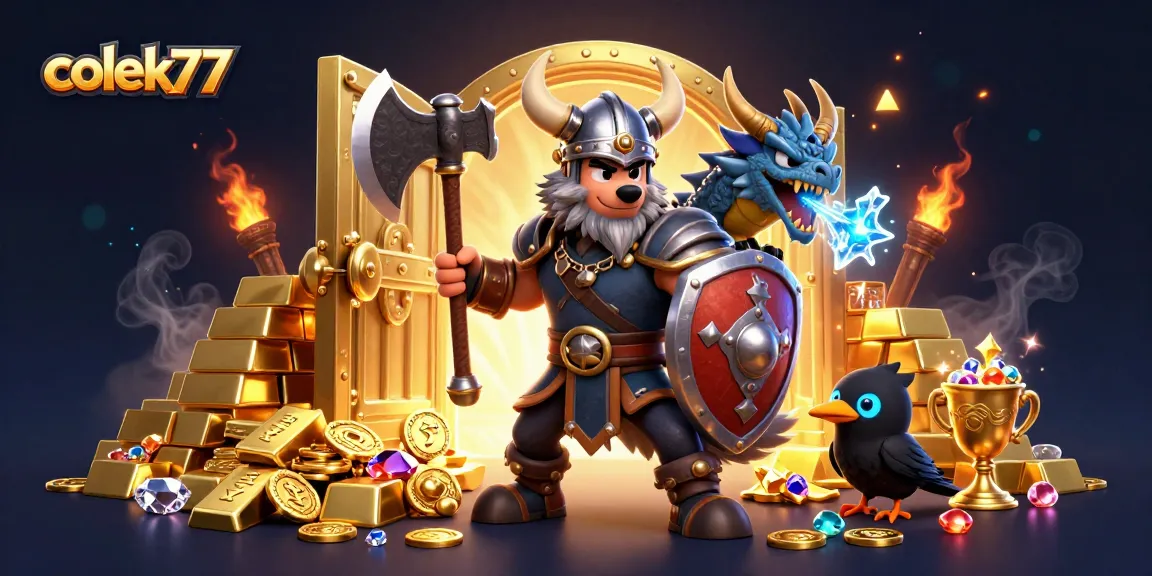 Experience thrilling gaming like colek77 with a Viking warrior and treasure in an enchanting casino scene.