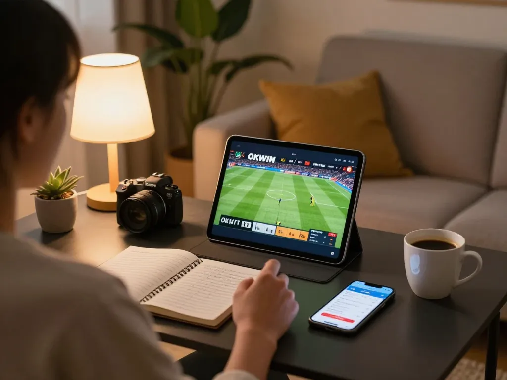 Engaging in sports streaming on OKWIN TV during a cozy home setup.