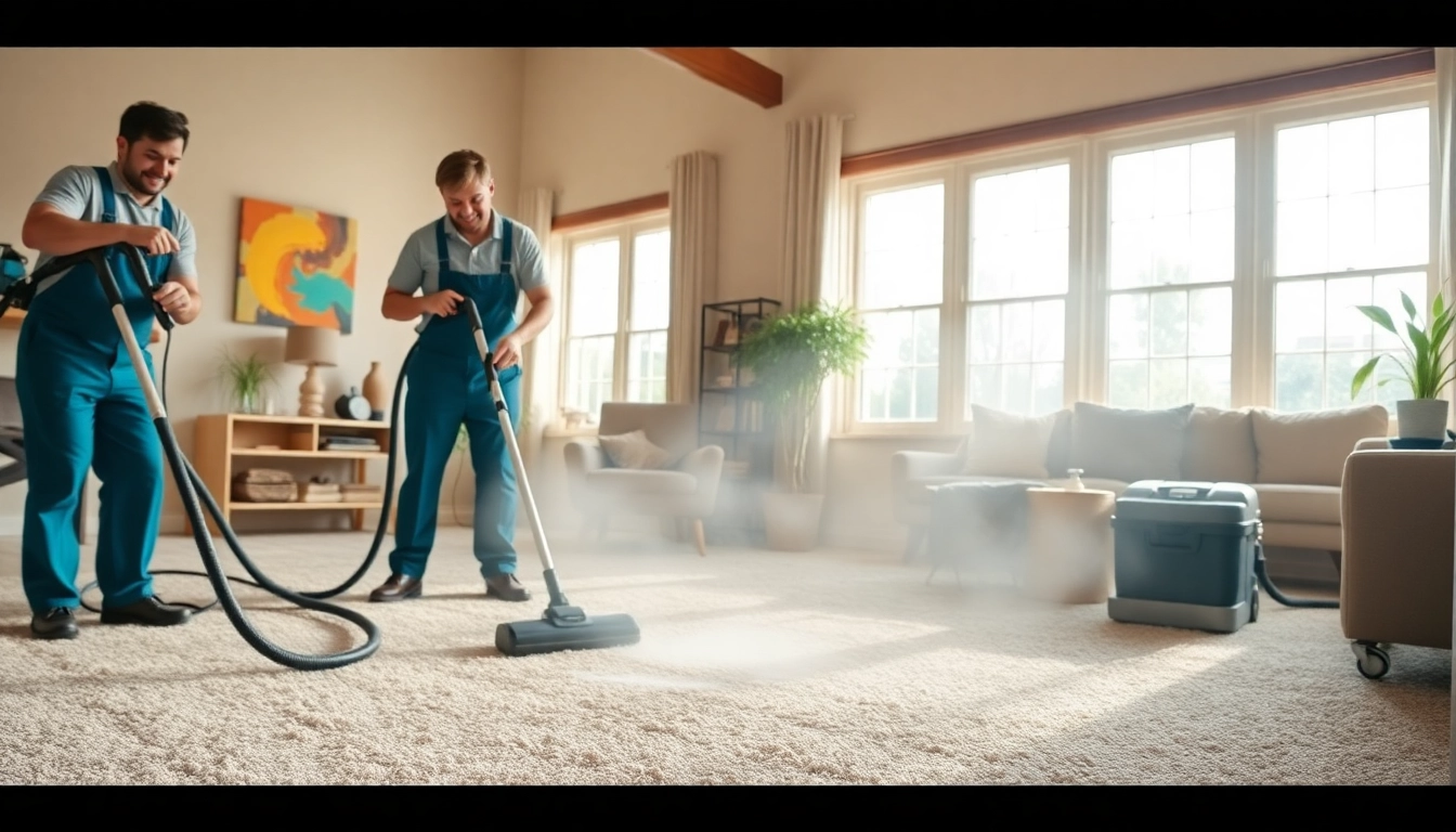 Local carpet cleaners using advanced techniques to refresh a vibrant living room carpet.