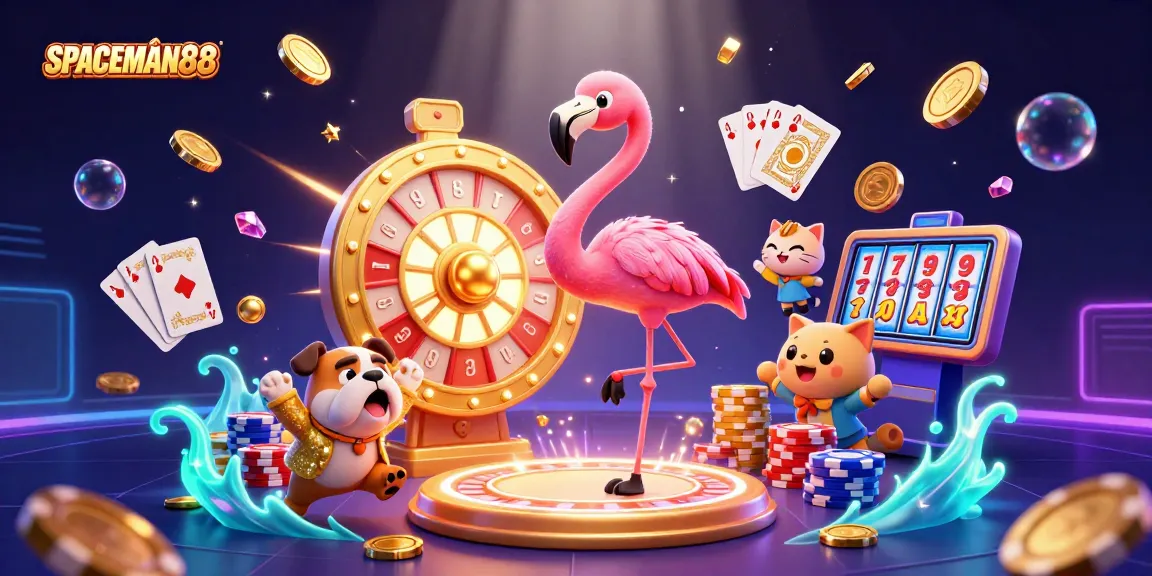 Win big with SPACEMAN88 in a vibrant casino scene featuring exciting game elements and characters.