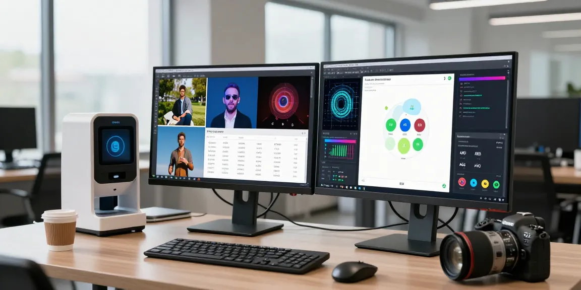 Free AI image detector tool in use, illustrating image analysis with various formats in a vibrant tech office.
