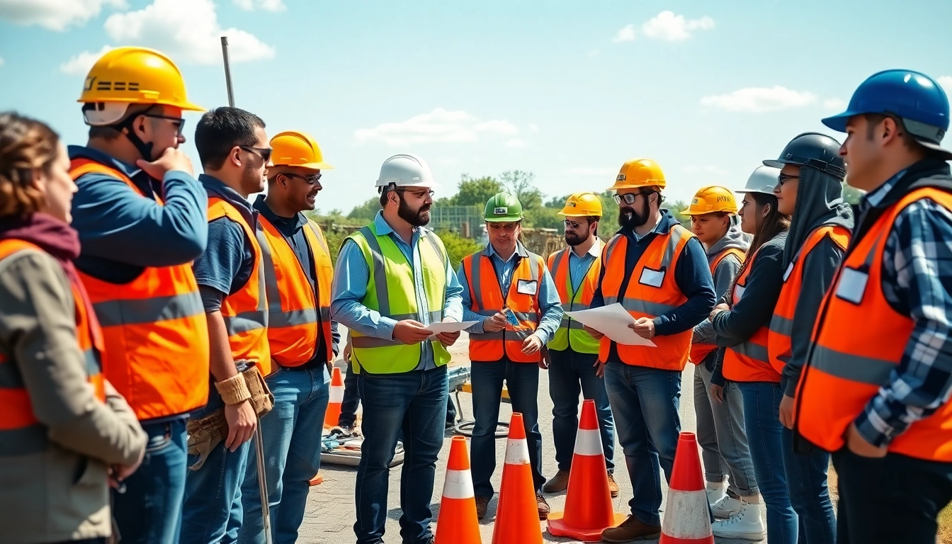 Engaged participants in a construction safety training session highlighting team collaboration and safety practices.