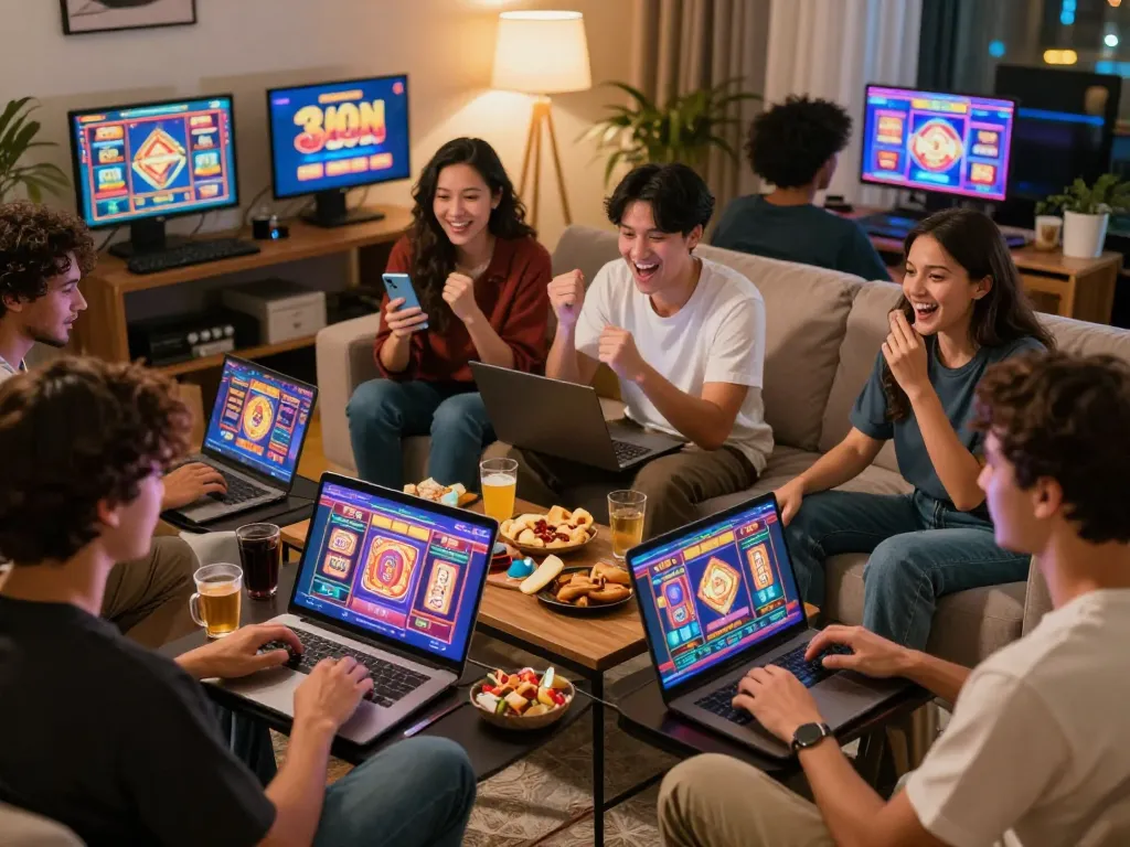 Situs slot players enjoying an exciting gaming session at home, highlighting social interaction and gameplay.