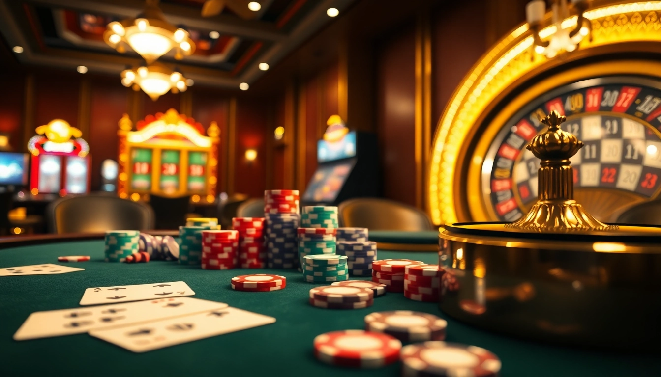 Action à enjeux élevés à une table de poker de casino en ligne avec des jetons et des cartes vibrants.