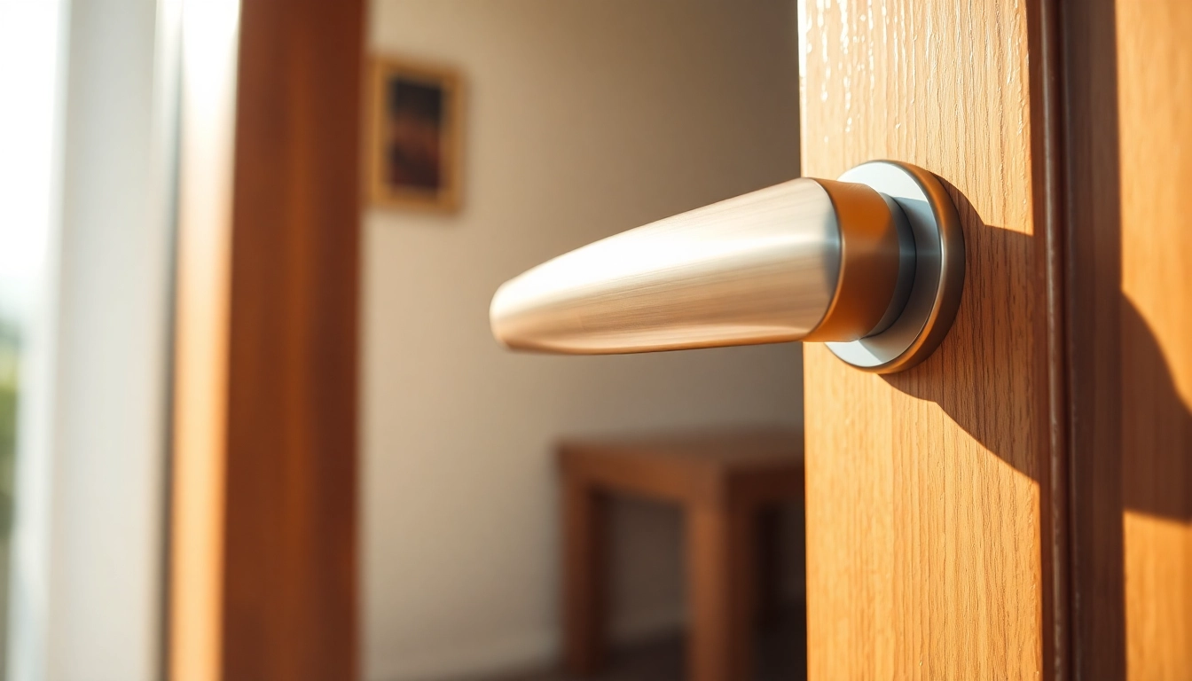 Door handle showcasing elegant design with polished metal finish against a minimalist background.