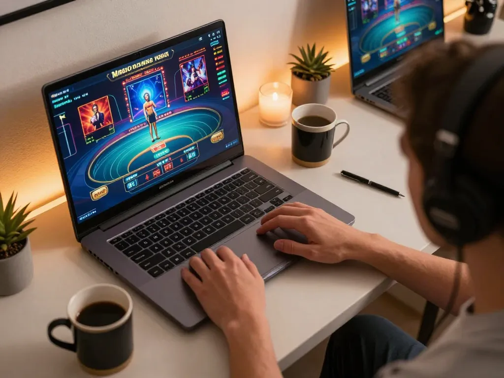 Engaging with MB66 online casino gaming on a sleek laptop in a cozy setting