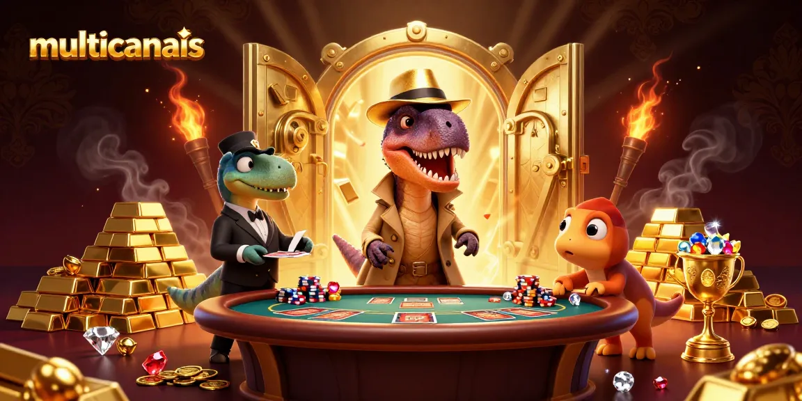 Bet on intense moments with multicanais as velociraptor card counter and stegosaurus pit boss collide in a lively casino.