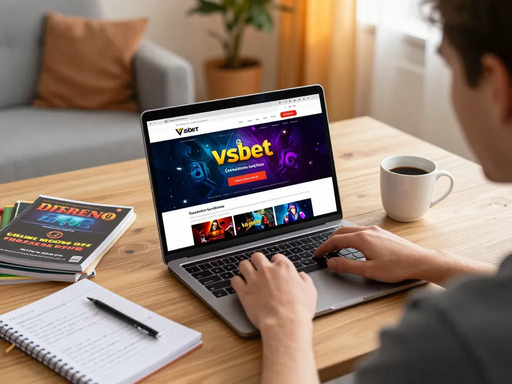 Engaging online gaming experience showing Vsbet on laptop, with strategic betting notes nearby.