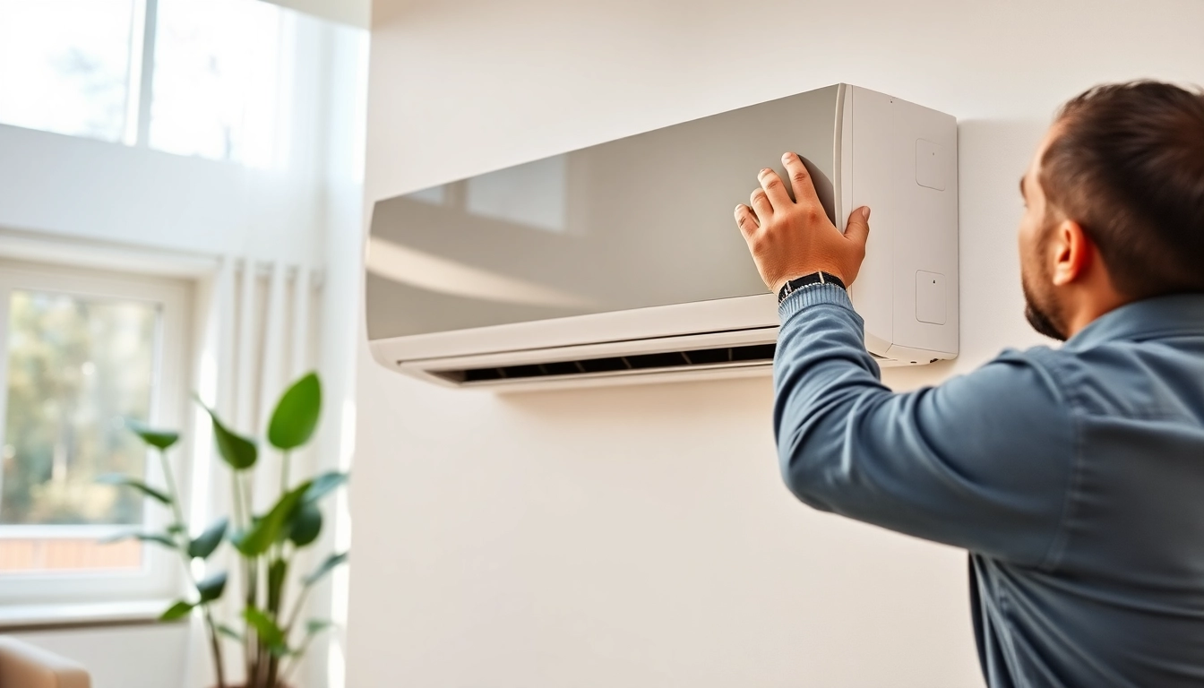 Installing a mitsubishi mini split ac in a stylish living room showcasing professional air conditioning.
