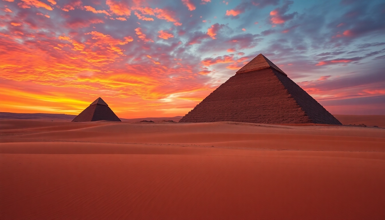 Pyraminds illuminated by sunset, showcasing sharp angles and smooth textures beneath a colorful sky.