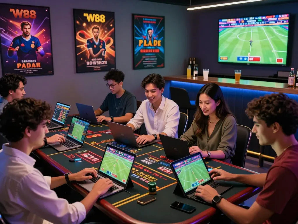 Exciting group of friends enjoying W88 online gambling experience, featuring sports betting and casino games.