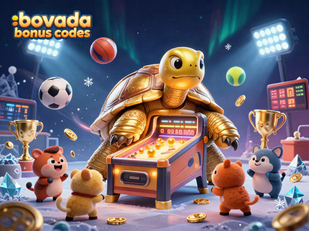 Experience the excitement of Bovada bonus codes with a playful scene featuring a golden tortoise pinball machine.