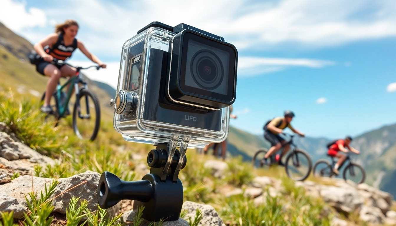 Action camera capturing adventurous outdoor activities like mountain biking and climbing.