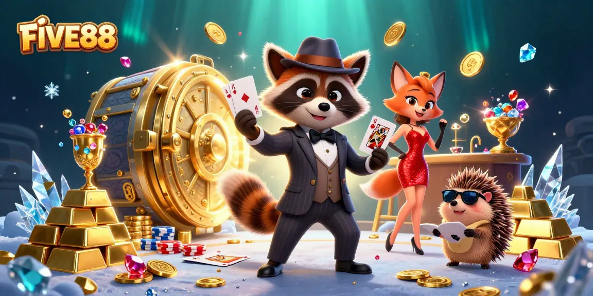 Experience thrilling poker action with the FIVE88 raccoon, fox, and hedgehog in a vibrant casino scene.