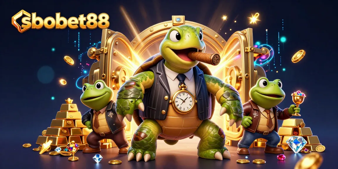 Engage with sbobet88 in an ultra-detailed 3D casino scene featuring a snapping turtle mobster, bullfrog enforcers, and treasure vaults.