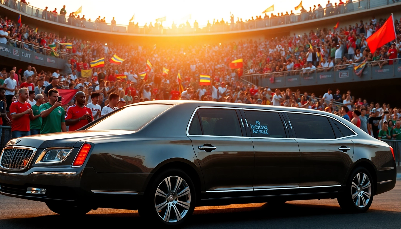 World Cup Group Transportation with a luxurious limo at a sporting venue, showcasing vibrant fans and a festive atmosphere.