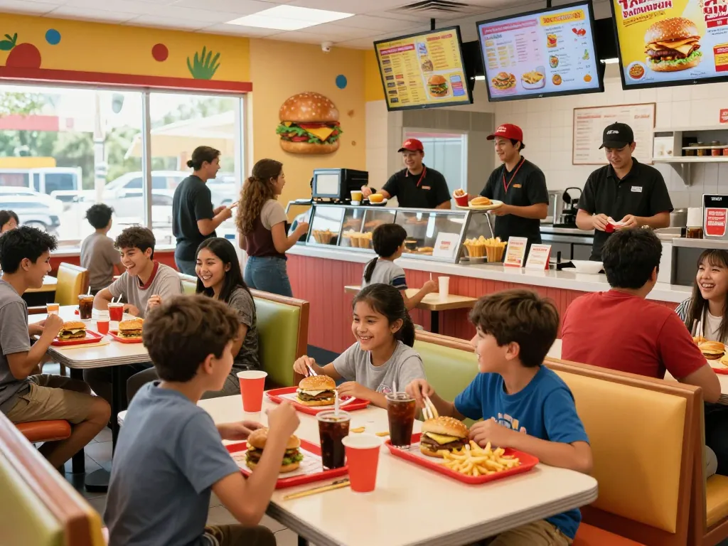 Fast food menu offerings displayed vibrantly in a busy restaurant environment.