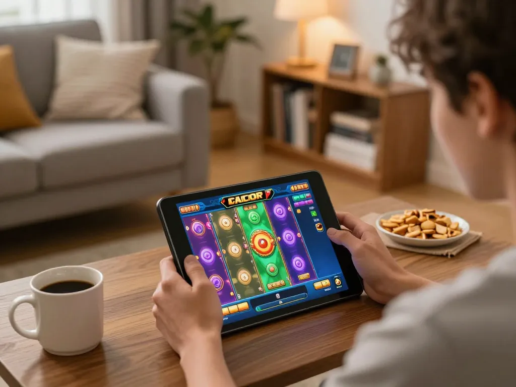 Engaging with slot gacor game on tablet at home, cozy setup promoting responsible gaming